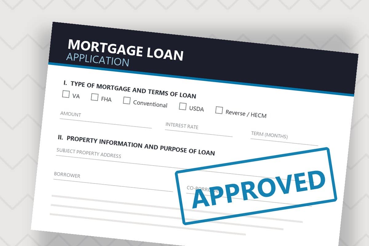 Illustration of a mortgage loan application form marked approved, PS Mortgage Lending